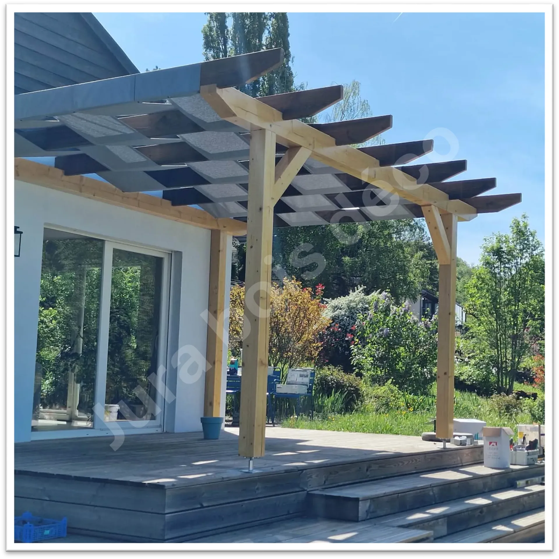 Kit - Pergola modèle DOLE (Livrée sans finition) (Essentielle, Adossée, Sans toile, Droites)